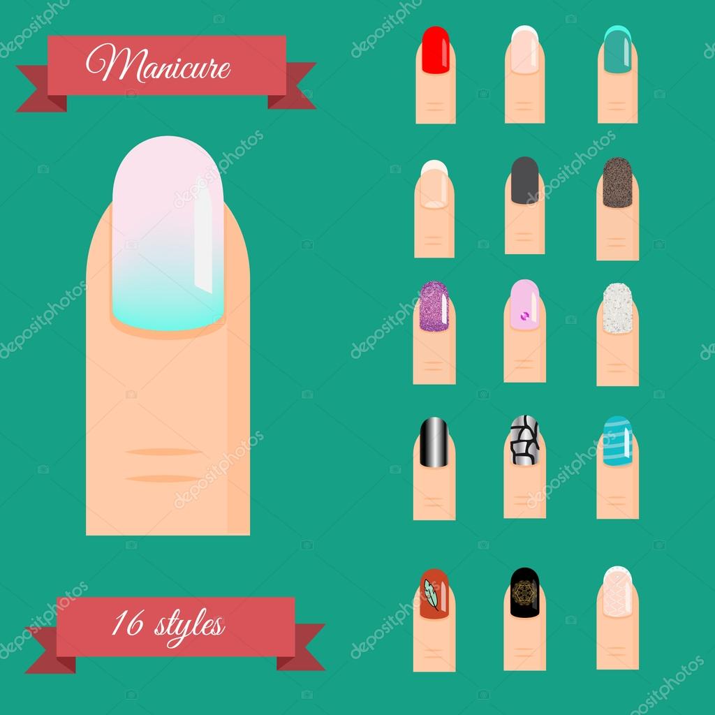 Manicure types. Nail design, nail art vector set. Illustration of trendy manicure styles gradient, french, glittering polish and other popular models