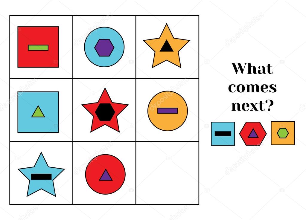 What comes next educational children game. Kids activity sheet, continue the row task