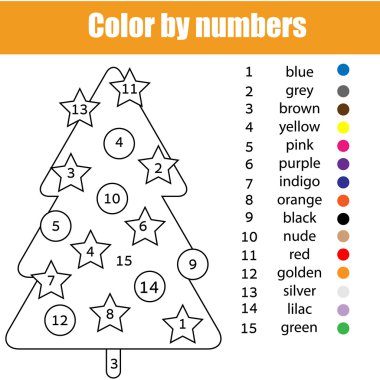 Noel ağacı ile boyama sayfası. Sayılara göre renk