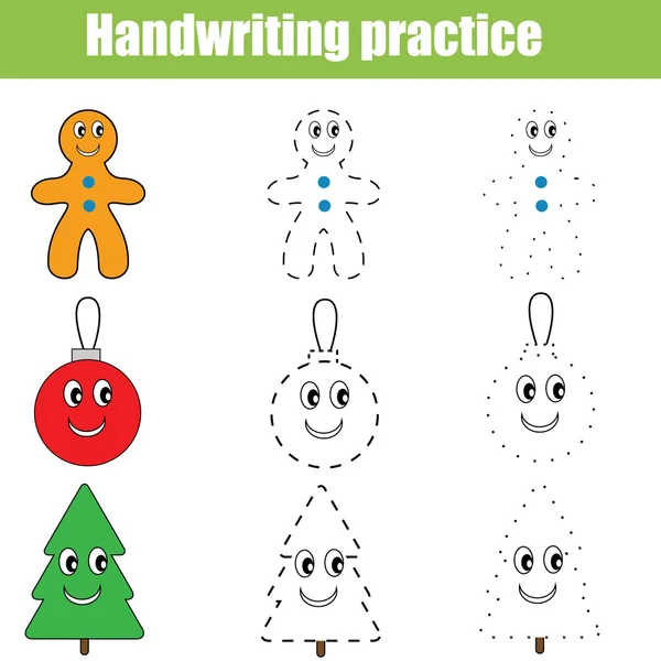 Fiche de pratique de l'écriture. Jeu éducatif pour enfants, feuille de calcul imprimable. Thème de Noël — Image vectorielle