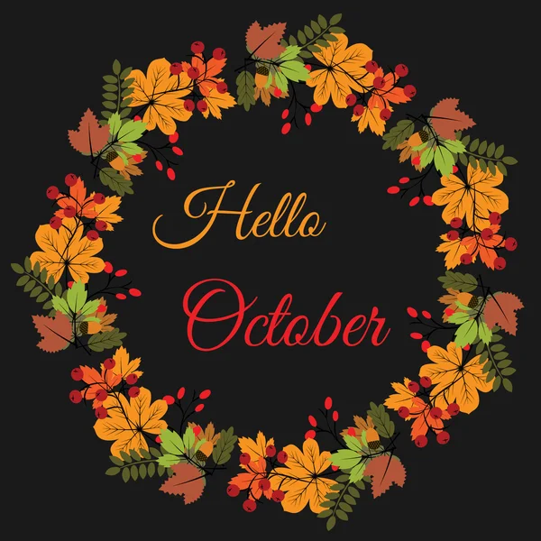 Bannière Hello October avec couronne de feuilles d'automne — Image vectorielle