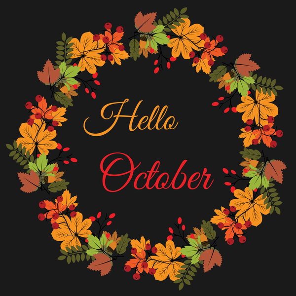 Hello October banner with autumn leaves wreath