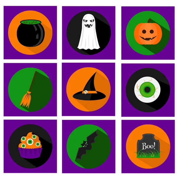 Векторные плоские иконки Хэллоуина с праздничными символами и длинными тенями — стоковый вектор