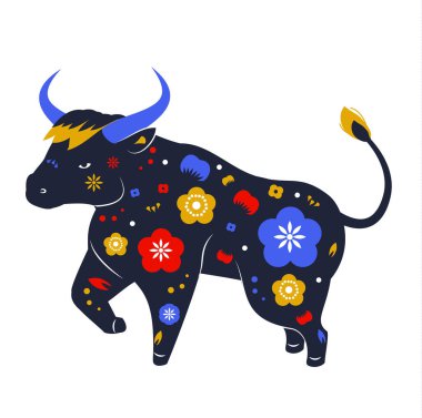 Çiçeklerle süslenmiş boğa. Öküz Çin burcu. Halk tarzında güzel bir inek. 2021 Çin Yeni Yıl Kutlaması için vektör hayvan sembolü