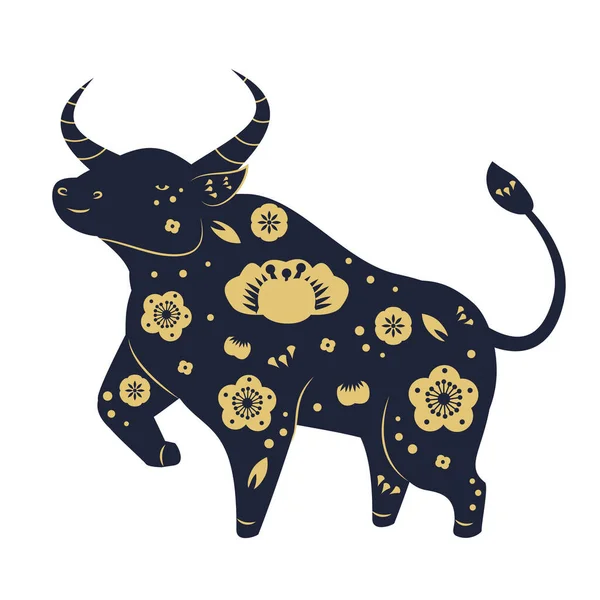 Touro Decorado Com Flores Douradas Zodíaco Chinês Boi Bela Vaca — Vetor de Stock