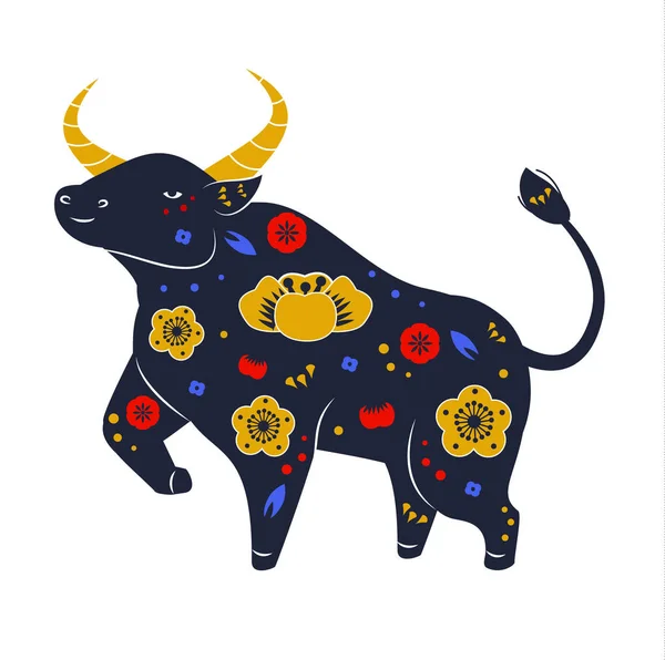 Bull Decorated Flowers Chinese Zodiac Beautiful Cow Folk Style Animal — Stock Vector