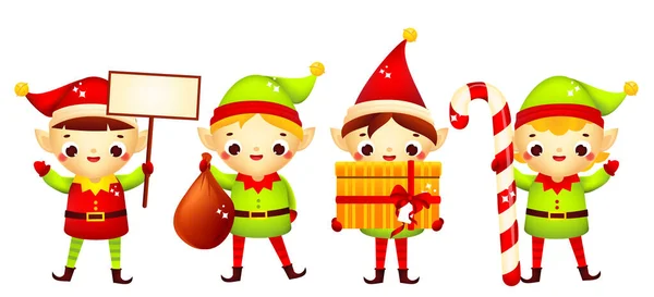 Christmas Elf Set Collection Cute Santa Claus Helpers Holding Gifts — Stock Vector