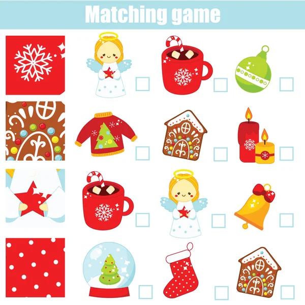 マッチングゲーム 教育的な子供の活動新年 クリスマス 冬の休日のテーマ オブジェクトとパターンを一致させる — ストックベクタ