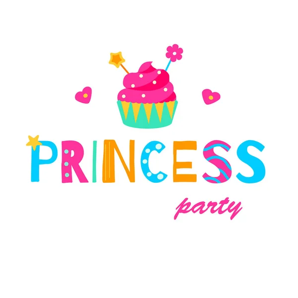 Rosa Cupcake Und Typografie Princess Party Vorlage Für Mädchen Drucke — Stockvektor