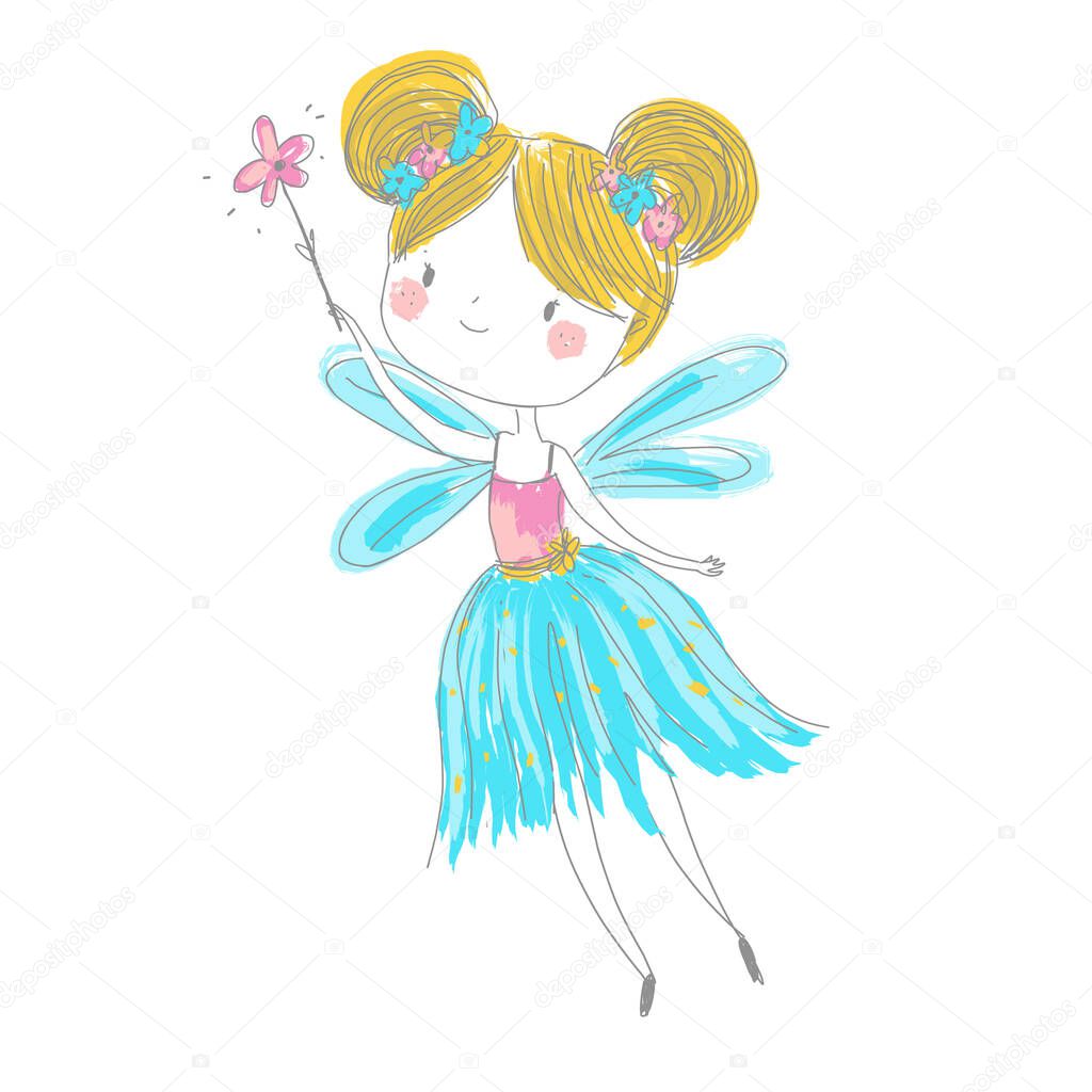 Cute fairy. Cartoon fantasy fairy princess flapping magic wand. Pixie, elf girl in hand drawn style