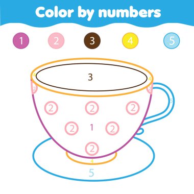 İlköğretim düzeyindeki çocuklar ve yeni yürümeye başlayanlar için sayılardan alınan çay fincanı rengi. okul öncesi çocuklar için boyama sayfası