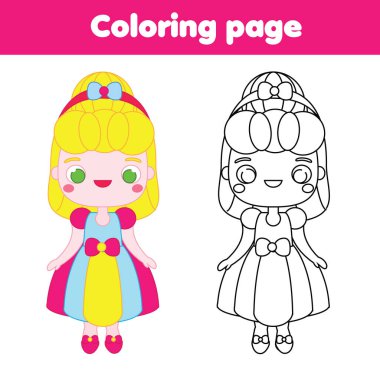 Çizgi film prensesiyle boyama sayfası. Çocuk aktivitesi çiziyorum. Bebekler ve çocuklar için basılabilir eğlence. böcek teması