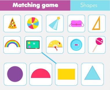 Educational children game. Matching game worksheet for kids. Match by shape. Learning geometric form. Semicircle, traingle, rectangle, circle clipart