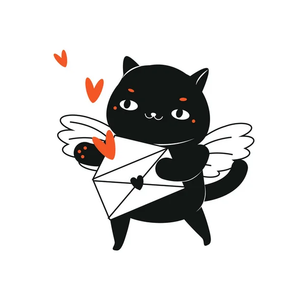 手紙の封筒と心を持つ漫画黒猫 キューピッド猫キャラクターのために聖バレンタインの日のテーマ — ストックベクタ