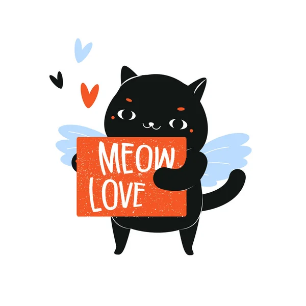 Cartoon Cat Hold Card Typografií Mňau Love Amor Kočka Postava — Stockový vektor
