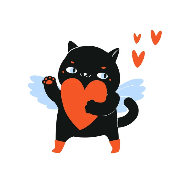 커다란 심장을 고양이입니다 세인트 발렌타인데이 테마의 큐피드 캐릭터 — 스톡 벡터