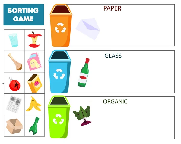 Clasificación Basura Juego Educativo Para Niños Combina Basura Con Actividad — Vector de stock