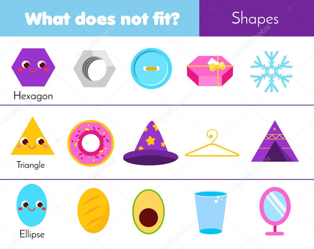 Educational children game. What does not fit type. learning geometric shapes for kids and toddlers. ellipse, triangle, hexagon