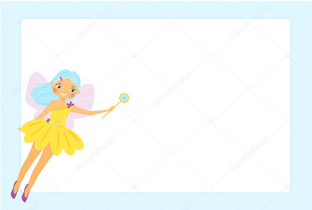 Beautiful flying fairy girl. Elf princess with magic wand. Blue frame design for photos, children diplomas, kids certificate, invitations and etc