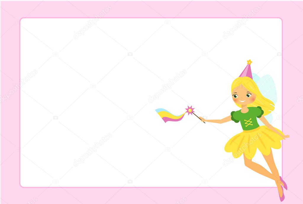 Beautiful flying fairy girl. Elf princess with magic wand. Pink frame design for photos, children diplomas, kids certificate, invitations and etc