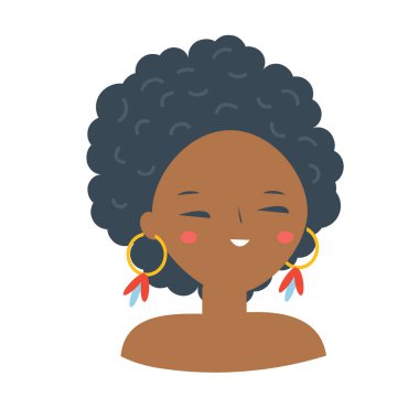 Gülümseyen Afrikalı Amerikalı kadın. Mutlu siyah kadın avatarı. Çizgi film Afrikalı kız vektör çizimi