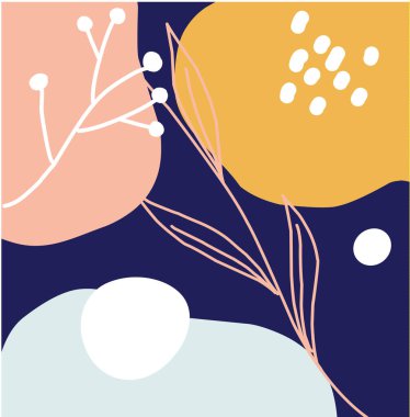 Elle çizilmiş organik şekilli, yapraklı, benekli soyut bir arkaplan. Sancak, sosyal medya ve diğerleri için modern vektör tasarım şablonu