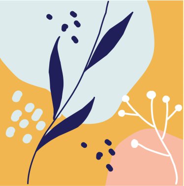 Elle çizilmiş organik şekilli, yapraklı, benekli soyut bir arkaplan. Sancak, sosyal medya ve diğerleri için modern vektör tasarım şablonu