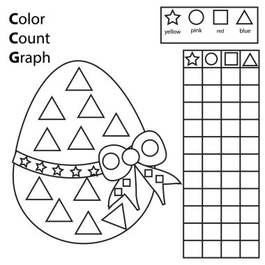 Renk, say ve grafik. Eğitici çocuklar oyunu. Renkli Paskalya yumurtası ve sayım şekilleri. Çocuklar ve yeni yürümeye başlayanlar için yazdırılabilir çalışma tablosu