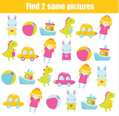 children educational game. Find the same pictures of toys. Activity for pre school toddlers and kids.