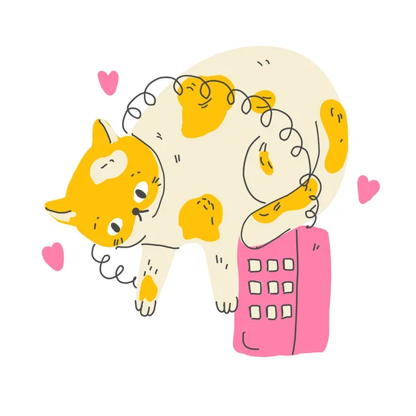 Αστεία Γάτα Κινουμένων Σχεδίων Vintage Τηλέφωνο Wiating Για Μια Κλήση — Διανυσματικό Αρχείο