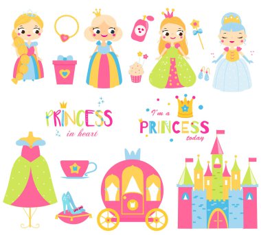 Prenses hazır. Çizgi film perileri kızlar, Castle, elbise, ayakkabı ve çocuk oyunları ve kartları için diğer peri sembolleri. Prenses klipsi sanat öğeleri koleksiyonu