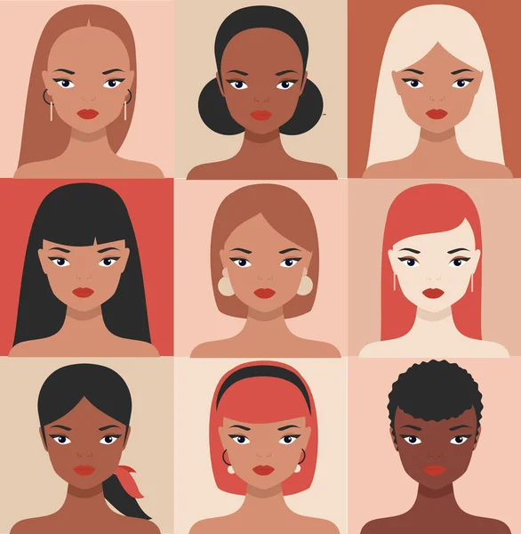 Portraits Féminins Différentes Nationalités Ethnies Les Filles Profil Visages Avatars — Image vectorielle