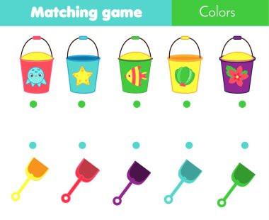 Çocukları eğitme oyunu eşleşmesi. Kovayı kürekle rengine göre eşleştir. Çocuklar ve bebekler için yaz tatili teması