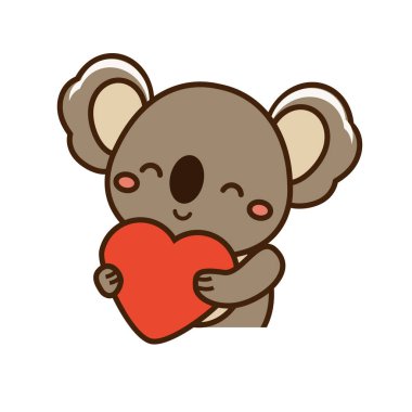 Sevimli mutlu koala kalbini tutar. Çizgi film kawaii hayvan karakteri. Vektör illüstrasyon klip sanatı. Aşk konsepti