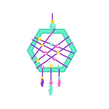 Tüylü bir düş kapanı. Kızılderili rüya yakalayıcısı, geleneksel sembol. Vektör klipsi sanatı