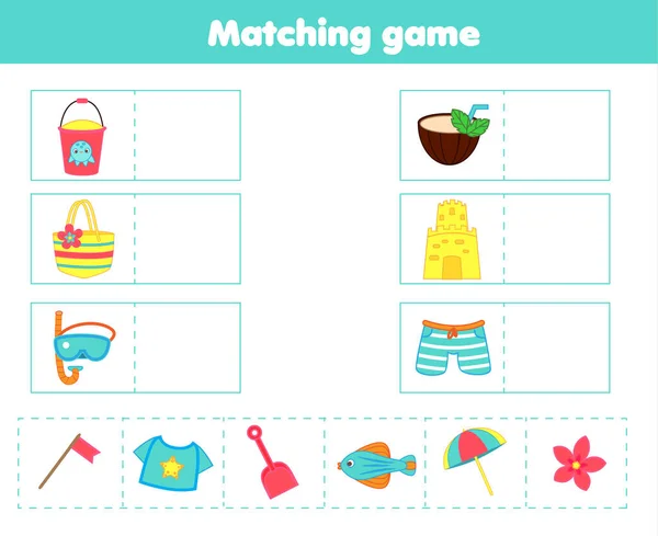 Matching Children Educational Game Match Beach Objects Each Other Activity — Stock vektor
