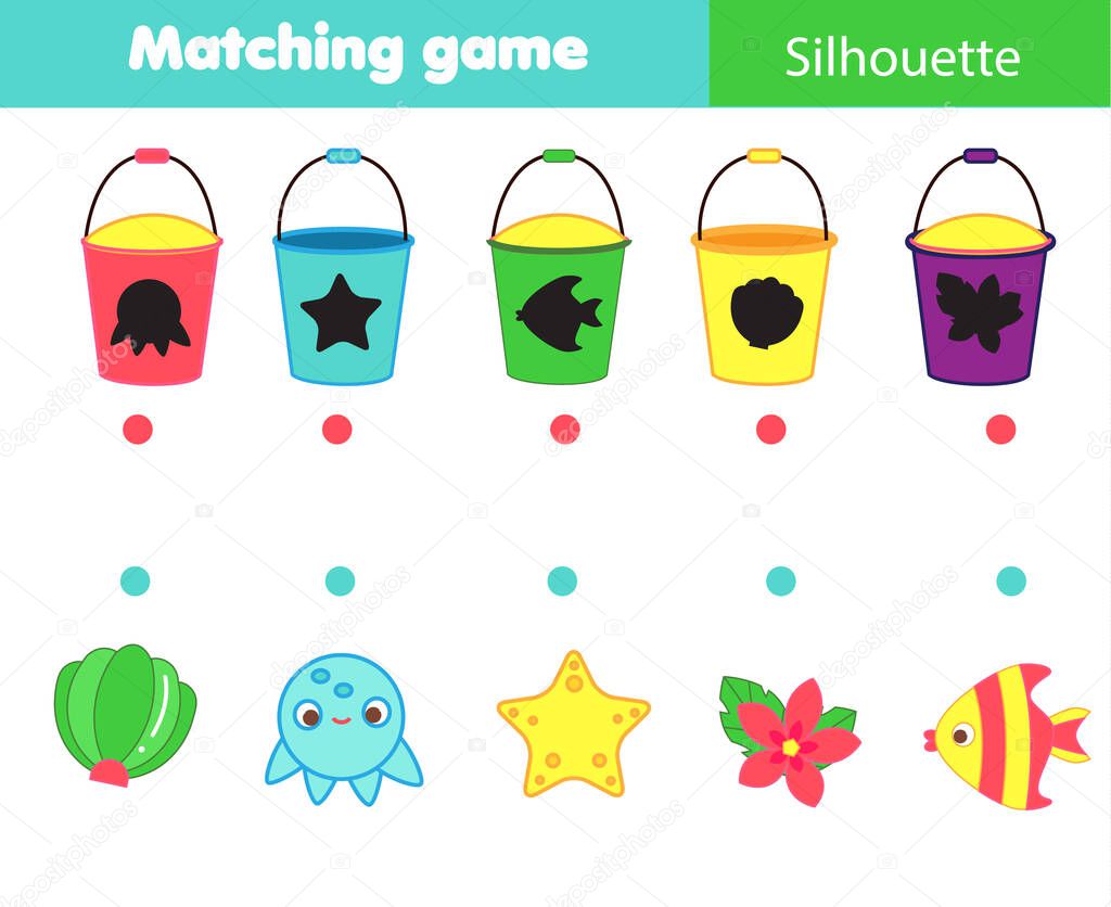 Shadow matching game. Summertime beach theme Kids activity. Find silhouettes of objects.