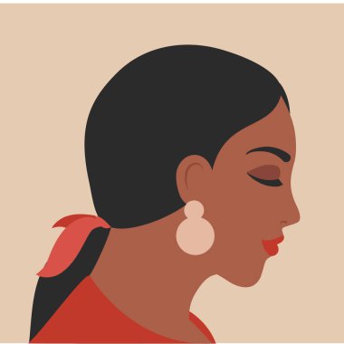 Moda tarzında bir kadın portresi. Kadın yüzü profili. Esmer kız vektör çizimi, sosyal medya için avatar