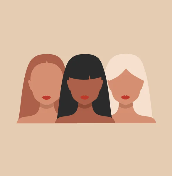 带三个女人的矢量旗帜以最小的风格描绘 不同种族和不同发色的女性面孔 黑发和棕色 — 图库矢量图片