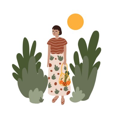 Girl holding string eco bag with vegetables and fruits. Woman with net reusable bag in the summer garden. healthy lifestyle illustration