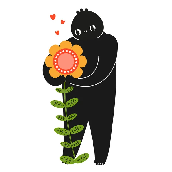 Cartoon Lustige Kreatur Halten Blume Mit Liebe Naturliebhaber Umwelt Pflege — Stockvektor
