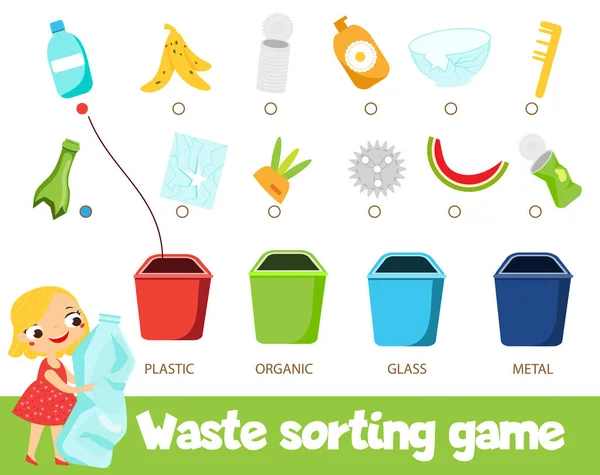 Lixo Classificando Jogo Crianças Educativas Combine Lixo Com Plástico Bin —  Vetores de Stock