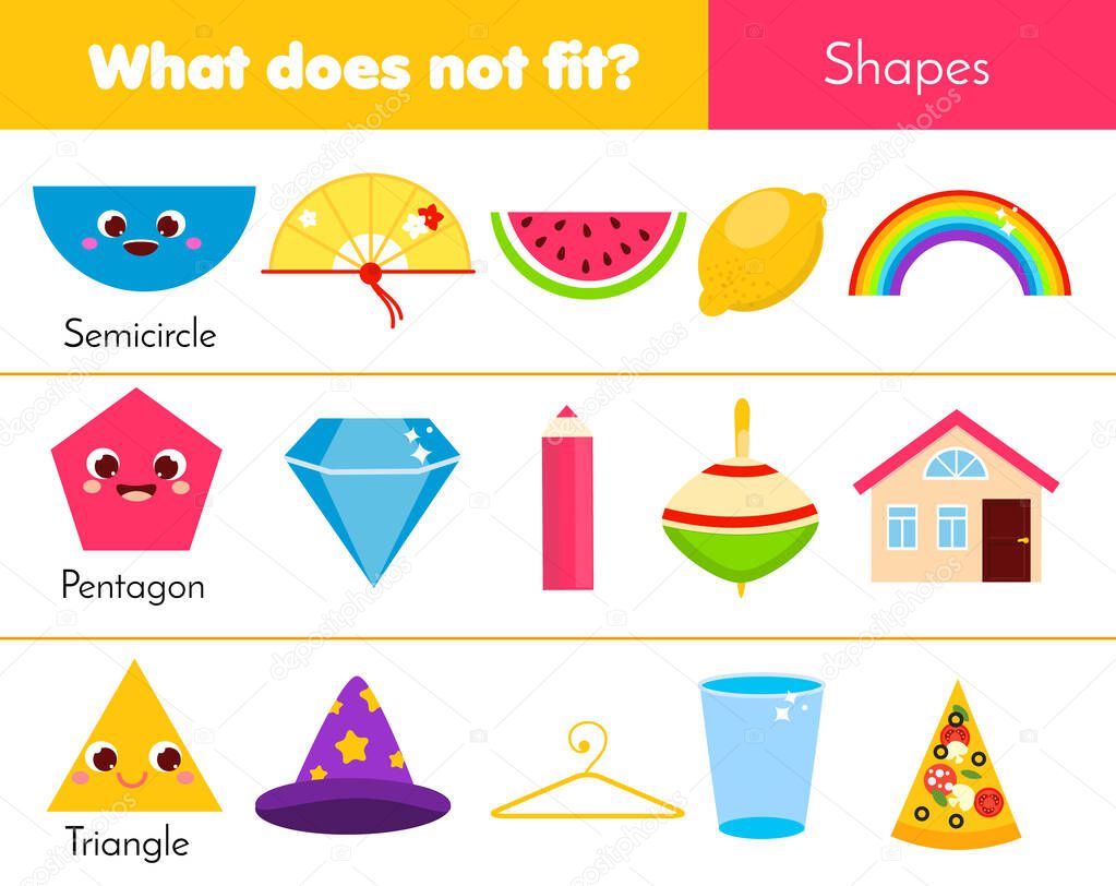 Educational children game. What does not fit type. learning geometric shapes for kids and toddlers. semicircle, triangle, pentagon