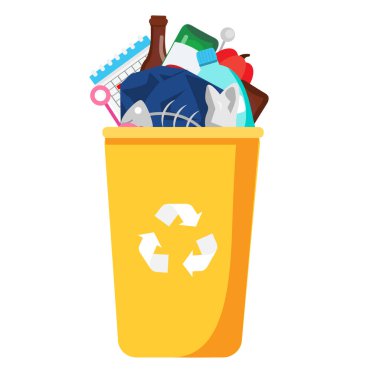 Garbage can with trash inside. Bin and plastic, glass, organic waste. Vector illustration