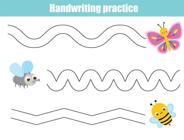 Hoja Práctica Escritura Mano Con Insectos Dibujos Animados Juego Niños — Archivo Imágenes Vectoriales