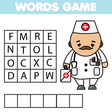 Çocuklar için eğitici bir oyun. Çocuklar için iş ve iş temalı kelime bulmacası öğreniyorum. Doktor mesleği.