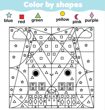 Ev boyama sayfası. Şekillere göre renk, yazdırılabilir aktivite. Yeni yürümeye başlayan çocuklar ve anaokulu yaşı için çalışma listesi. Çocukların eğitici oyunu.