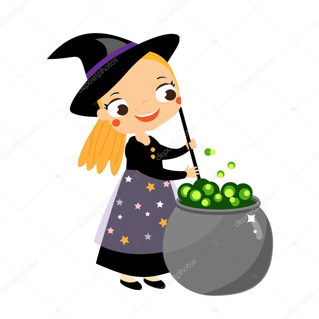 Cartoon Halloween witch make potion in cauldron. Cute charcter of magician girl in costume for children.