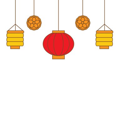 Sonbahar festivali için Çin fenerleri ve ay çörekleri. Dekoratif Vektör Kenarı