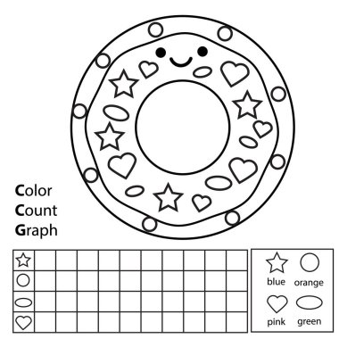 Renk, say ve grafik. Eğitici çocuklar oyunu. Renkli çörek ve sayma şekilleri. Çocuklar ve yeni yürümeye başlayanlar için yazdırılabilir çalışma tablosu.